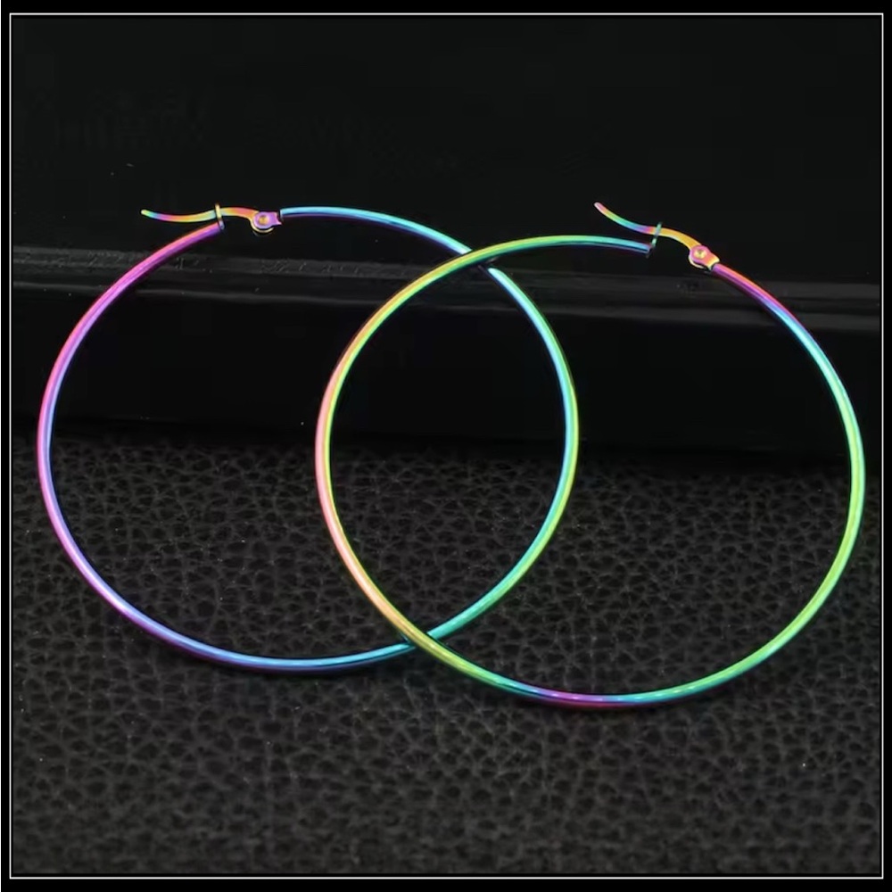 NEW COLORFUL RAINBOW TITANIUM METALLIC HOOP EARRINGS